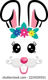 cartoon bunny masks with pink ears and flowers on white isolated background