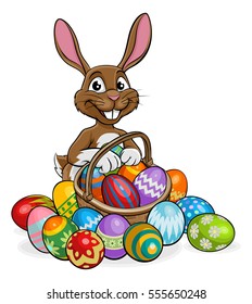 Cartoon Bunny on an Easter egg hunt with a basket or hamper