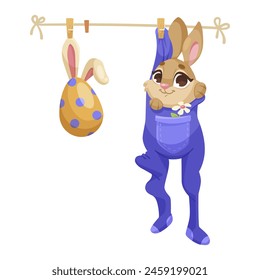 A cartoon bunny in overalls hanging on a clothesline with a decorated egg, vector illustration, on white background, concept of Easter celebration. Vector illustration