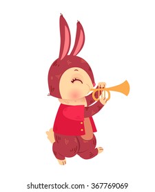 Cartoon bunny playing music. Animal music. Cute rabbit vector isolated on white background.