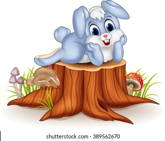 Cartoon bunny posing on tree stump