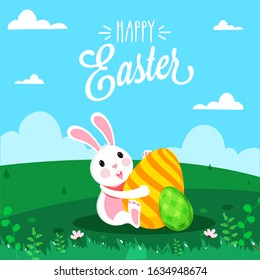 Cartoon Bunny with Printed Eggs on Green Nature and Blue Clouds Background for Happy Easter Celebration Concept.