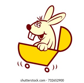 Cartoon bunny rabbit character sitting inside yellow stroller with speed, vector character mascot