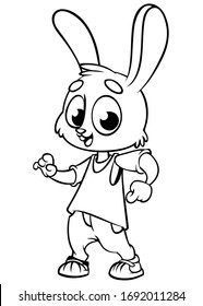 Cartoon bunny rabbit dancing. Vector illustration outlined. Design for coloring book