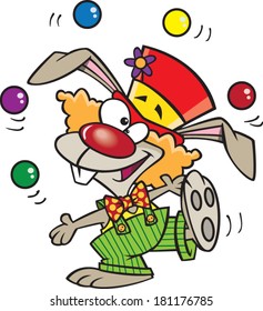 cartoon bunny rabbit dressed as a clown and juggling