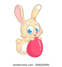 Cartoon bunny rabbit holding Easter egg. Vector illustration of forest animal for Easter holiday