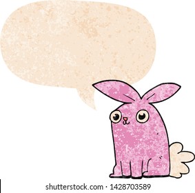 conejo de caricatura con burbuja de habla en un estilo retro angustiado de textura grunge