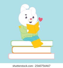 Cartoon bunny reading a book, sitting on a stack of books, education-themed illustration, cute design