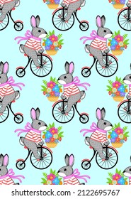 Cartoon bunny rides a vintage bicycle with bucket full of flowers. Vector seamless pattern