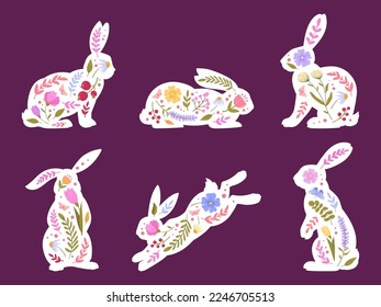 Cartoon bunny silhouettes. Easter cute rabbits with spring flowers, decorated hare easter flat vector illustration set on white background