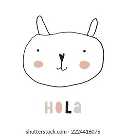 Cartoon Bunny. Simple Childish Style Vector Illustration with Happy Rabbit. Hola - english Hello.Lovely Nursery Art with Sweet Smiling Bunny Isolated on a White Background.Funny Infantile Farm Animal.