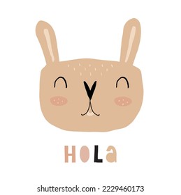 Cartoon Bunny. Simple Childish Style Vector Illustration with Happy Rabbit. Hola - english Hello.Lovely Nursery Art with Sweet Smiling Bunny Isolated on a White Background.Funny Infantile Farm Animal.