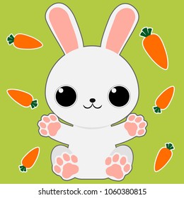 Cartoon bunny sitting arms open on green background with carrots