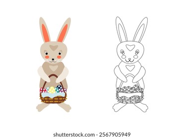 Cartoon bunny standing with basket of Easter eggs. Vector illustration for children's coloring pages, outline and example in color