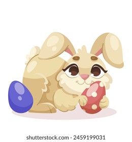 A cartoon bunny with sunglasses holding a decorated egg on a light background, depicting a cute Easter concept, Vector illustration. Vector illustration