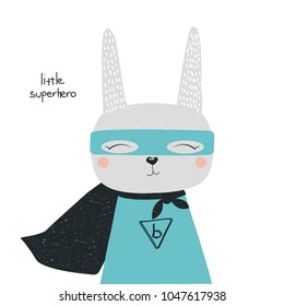 Cartoon bunny superhero with lettering. Vector hand drawn illustration.