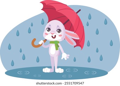 Cartoon bunny under umbrella rain. Autumn rabbit isolated on white background