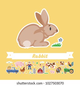 Cartoon bunny vector flat illustration. Funny isolated cute rabbit. Farming collection rustic stickers.