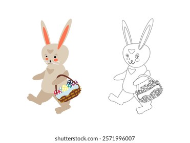 Cartoon bunny walking with a basket of Easter eggs. Vector illustration for children's coloring pages, outline and example in color