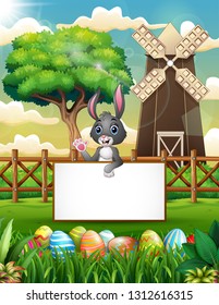 Cartoon bunny waving hand with blank sign in the farm