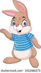 Cartoon bunny wearing blue clothes waving