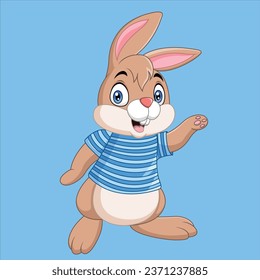 Cartoon bunny wearing blue clothes waving vector design illustration