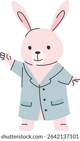 A cartoon bunny wearing a suit jacket with a friendly expression. The rabbit is depicted standing upright with a welcoming gesture. Cartoon vector illustration.
