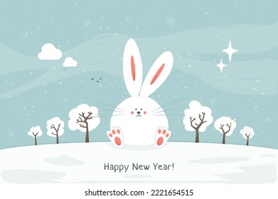 Cartoon bunny wishing happy new year. Winter and snow landscape. White rabbit as a symbol of New Year 2023 according chinese calendar. Snowy trees. Season greeting card.