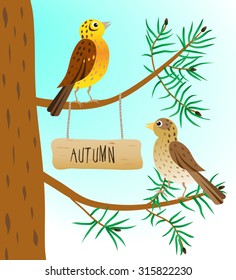 Cartoon buntings on a pine tree. Vector illustration.