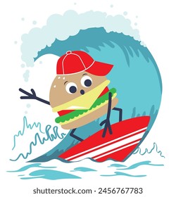 Cartoon burger catches a wave on the surf. Vector illustration.