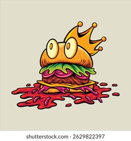 Cartoon Burger Character With Crown And Dripping Sauce vector illustrations for your work logo, merchandise t-shirt, stickers and label designs, poster, greeting cards advertising business company