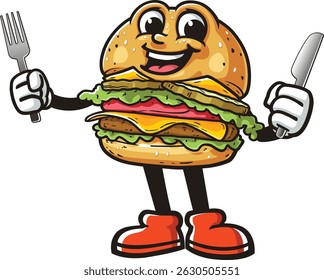 Cartoon burger character holding fork and knife