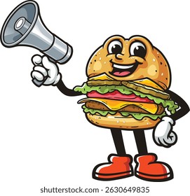 Cartoon burger character holding a megaphone