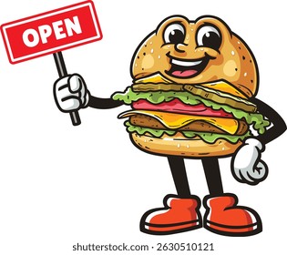 Cartoon burger character holding an open sign