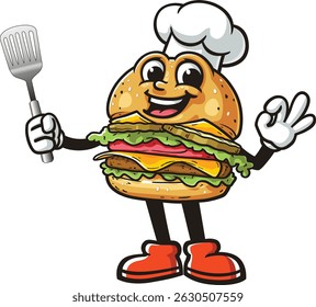 Cartoon burger character holding a spatula and wearing a chef's hat