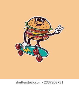 cartoon burger character illustration playing skateboard