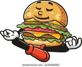 Cartoon burger character is meditating or relaxing