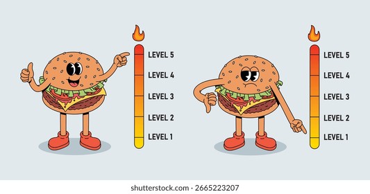 Caricatura de hamburguesa de pie y apuntando a indicadores de nivel picante que muestran progreso