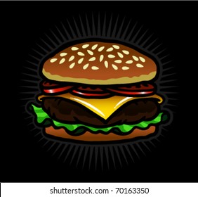 Cartoon burger with cheese, fast food