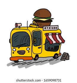 Cartoon burger food truck franchise. Comic doodle illustration isolated on white background.