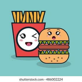 cartoon burger with fries french facial expression and isolated 