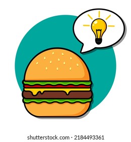 Cartoon burger, good idea, light bulb. Vector illustration.