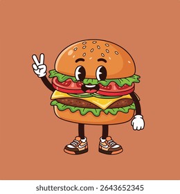 Cartoon burger with a happy face, legs with sneakers, and a peace sign.