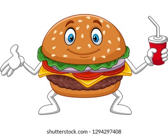 Cartoon burger holding a cup of soda