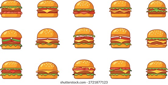 Cartoon Burger Icon Set Vetor Hamburger Coleção de Ilustração