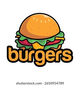 Desenho animado Burger Ilustração Com Ingredientes Frescos e Tipografia Audaz Adequado para Restaurante ou Negócios de Alimentos Marca e Marketing