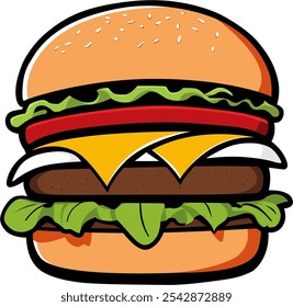 Cartoon-Burger-Illustration mit Sesambun, Käse, Salat, Tomate und Rinderpatty. Perfekt für Restaurant-Branding, Fast-Food-Logos, Menü-Design und kulinarische Angebote