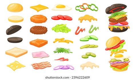 Cartoon burger ingredients. American hamburger sandwich ingredient with bun parts constructor, bacon meat onion omelette slice food cheese bread toppings, neat vector illustration of menu sandwich