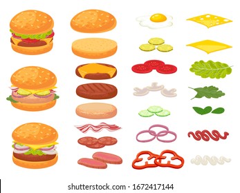 Cartoon burger ingredients. Hamburger, chop bun and tomato. Ham, fresh pickles and cheese slices. Fast food constructor vector illustration set. Sandwich burger and cheeseburger and ingredient