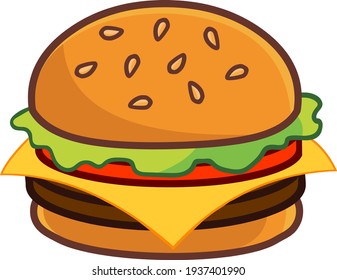 Cartoon Burger With Lettuce,Tomato And Cheese. Vector Hand Drawn Illustration Isolated On Transparent Background